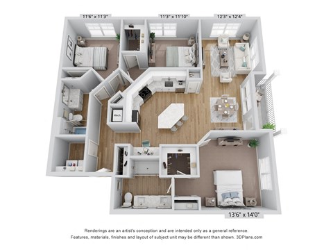 Floor plan for 3 beds, 2 baths, 1546 sqft